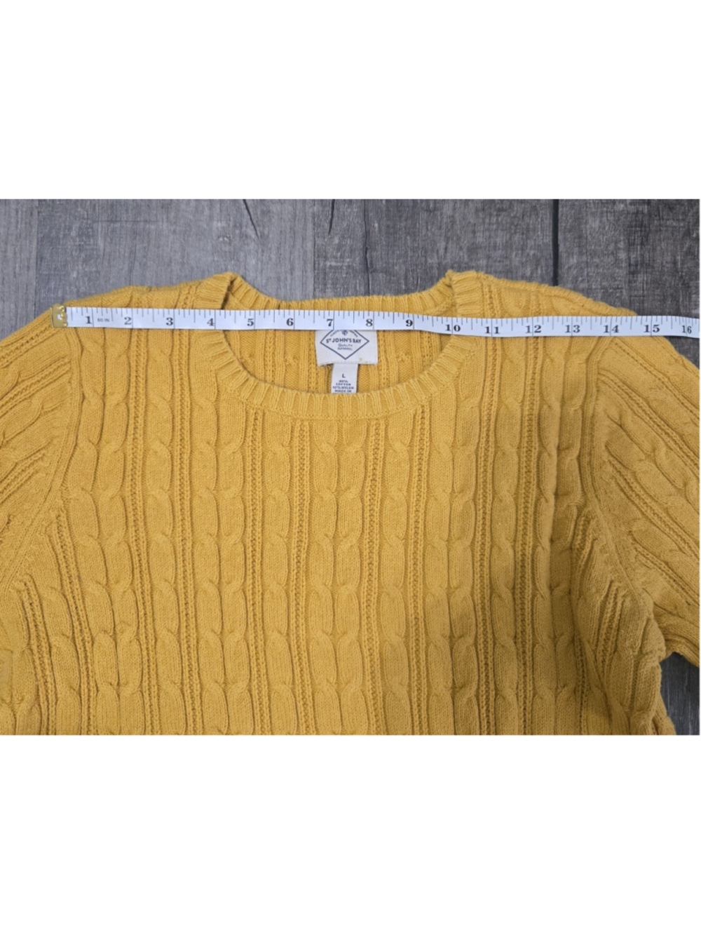 St John's Bay Women's Large Cable Knit Sweater Mustard Yellow Crew Neck Cotton - Picture 7 of 12